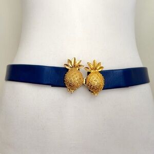 Vintage Blue Belt with Gold Pineapple Buckle, 32.5" Waist